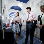 Justin Trudeau views Kelvin High School student Grace Ma's climate change research at the first annual Prime Minister's Science Fair on Sept. 26.