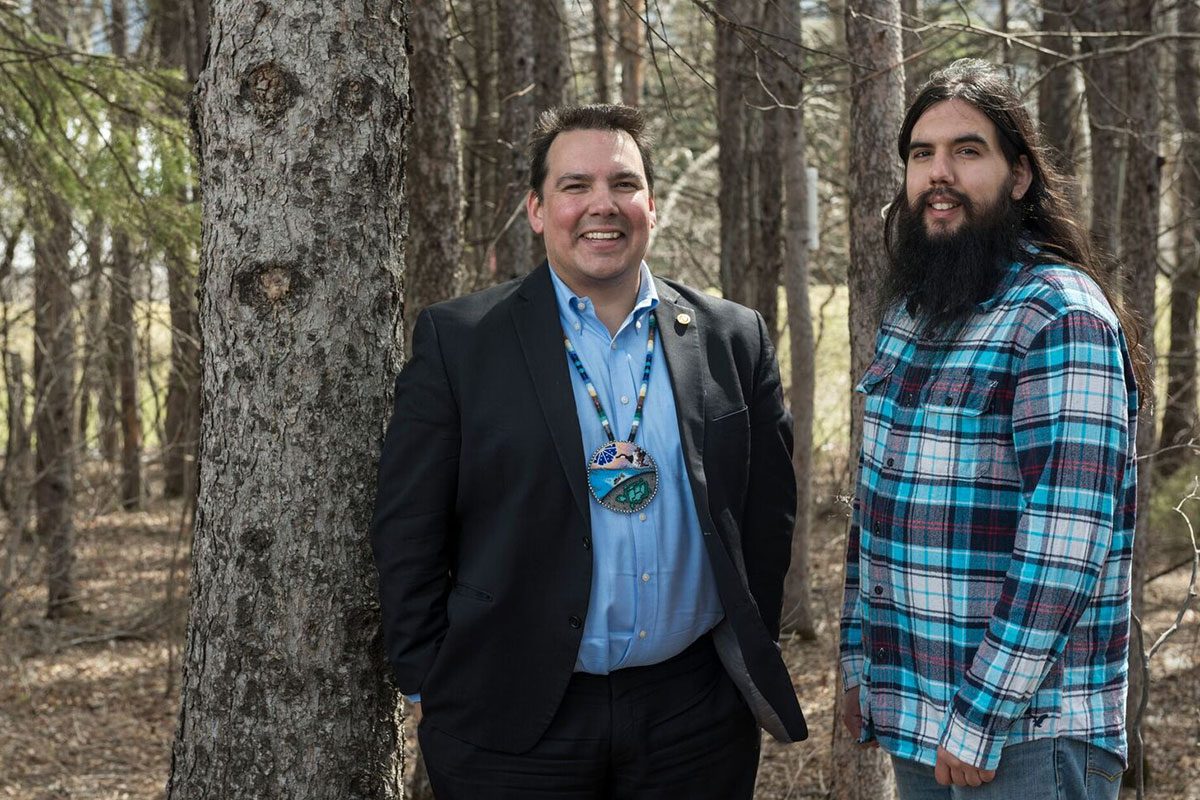 Native studies prof Niigaan Sinclair with master’s student Naithan Lagace. // Photo by David Lipnowski