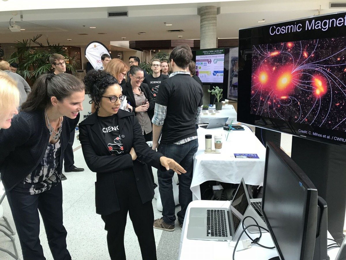 Minister of Science Kirsty Duncan is shown the cosmos by Canada Research Chair Samar Safi-Harb. Safi-Harb and Dean of Science Stefi Baum received funding today from CFI