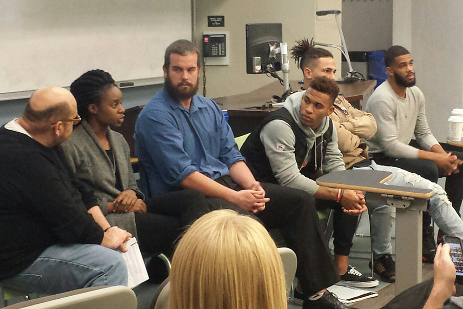 Panel member Uzoma Chioma (second from left) address the crowd along with (from left) David S. Churchill, Tom Clarkson, Jesse Walker, Jamel Lyles and Justus Alleyn.