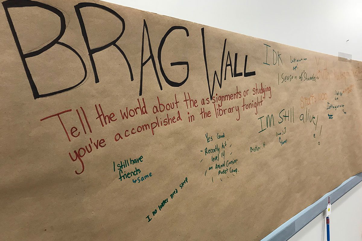 The 'Brag Wall' at Student Nights Against Procrastination.