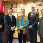 Canada Research Chair Announcement, from left to right: Frank Deer, Terry Duguid, Elder Norman Meade, Jörg Stetefeld, Digvir Jayas