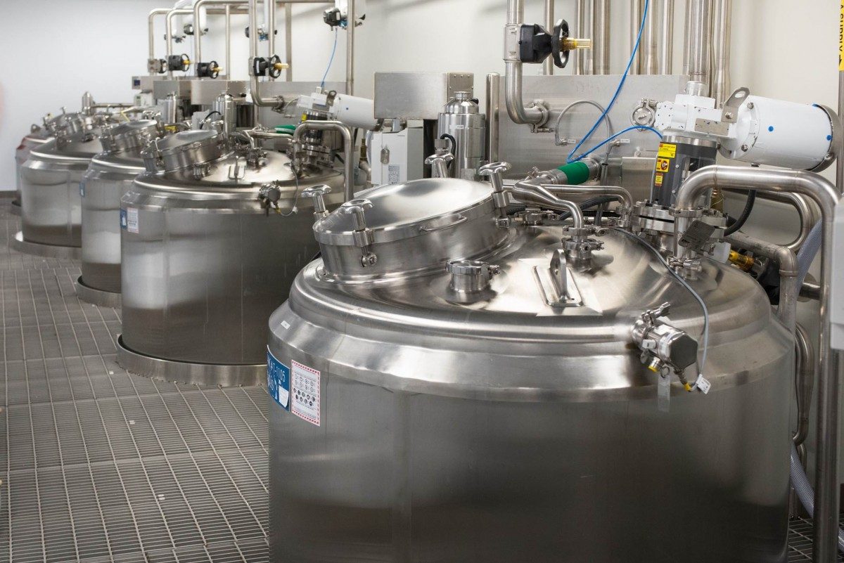 Buffer preparation tanks in the Emergent BioSolutions facility in Winnipeg