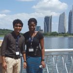 (L-R) Zaman Wahid (computer engineering student at Bangladesh University) and Mercy Oluwafemi (U of M psychology student) in front of ACU.