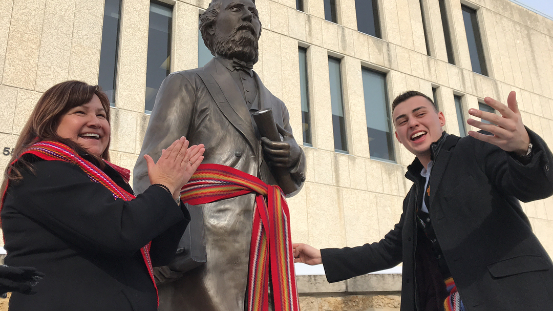 The adorning of the Louis Riel Sash for campus Louis Riel Day celebrations, shared by @umindigenous