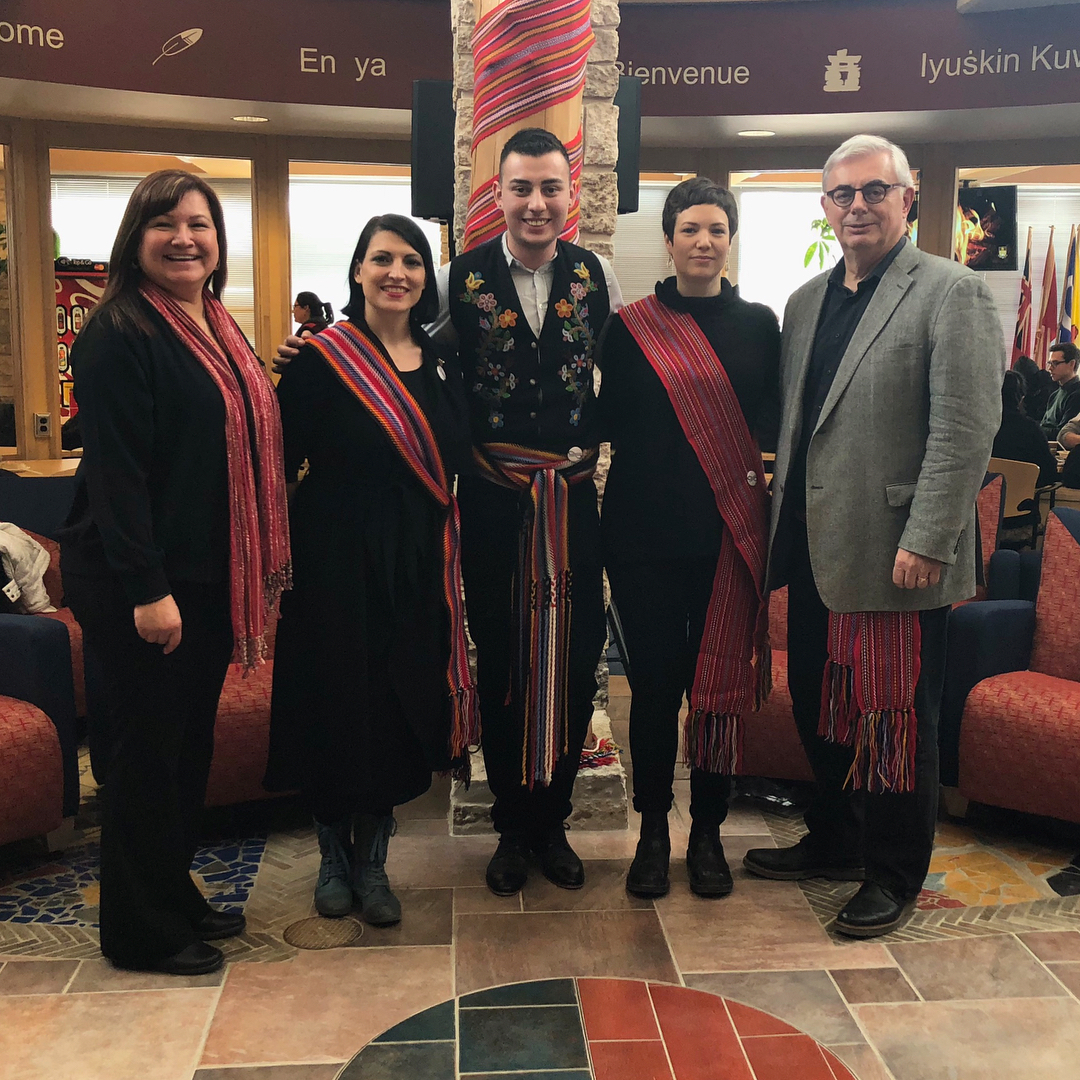 (L-R) Anita Campbell, minister of finance and human resources at the Louis Riel Capital Corporation, Métis students Laura Forsythe, Brad Boudreau and Jenna Vandal, and U of M president David Barnard