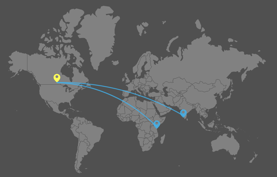 a map showing winnipeg connected to India and Kenya with lines