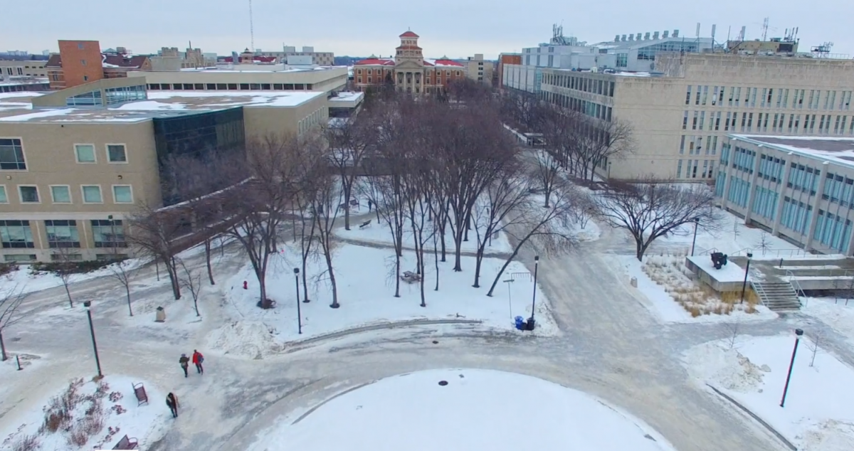 Aerial shot of campus in teh winter