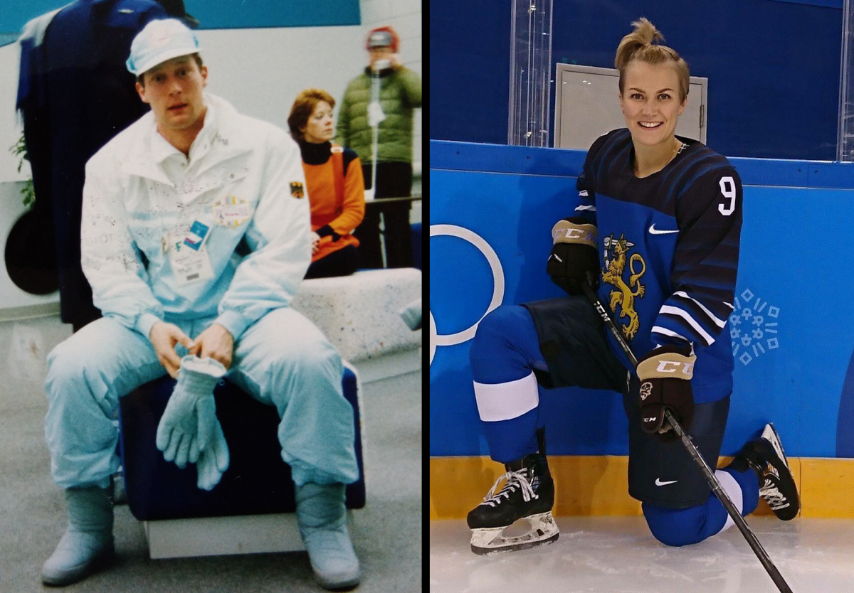 (L-R) Dr. Jacky Baltes at the opening ceremonies for the 1988 Olympic Games in Calgary; Venla Hovi brings her Bison pride, and gloves, to the ice in Pyeongchang. // Photo by @VenlaHovi on Twitter.