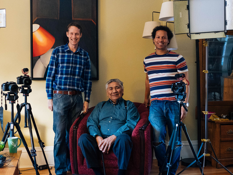 Left to right: Warren Cariou, Omushkego Cree Elder Louis Bird, and CCWOC technician Teddy Zegeye-Gebrehiwot