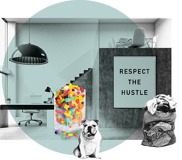 A collage of a bulldog, jellybeans, and a sign saying Respect the Hustle.