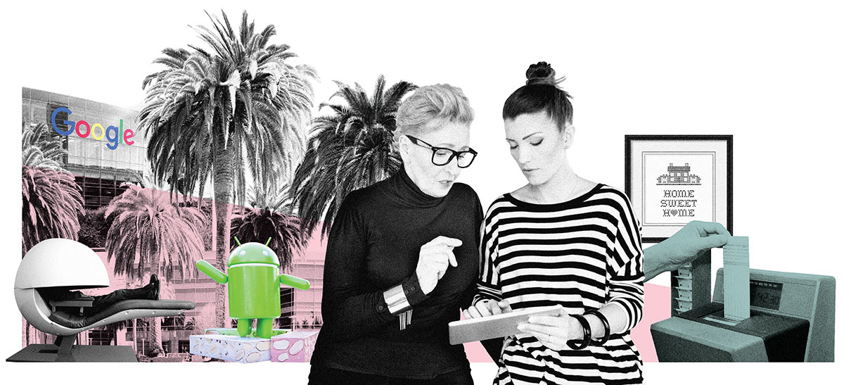 A collage of two women collaborating with palm trees and the Android robot behind them.