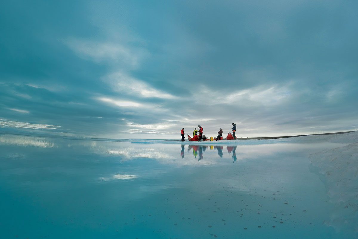 Søren Rysgaard, Virginie Galindo, Yubin Hu, Jens Ehn, Wieter Boone and Jørgen Bendtsen, near Station Nord, Northeast Greenland. // Photo by Wieter Boone