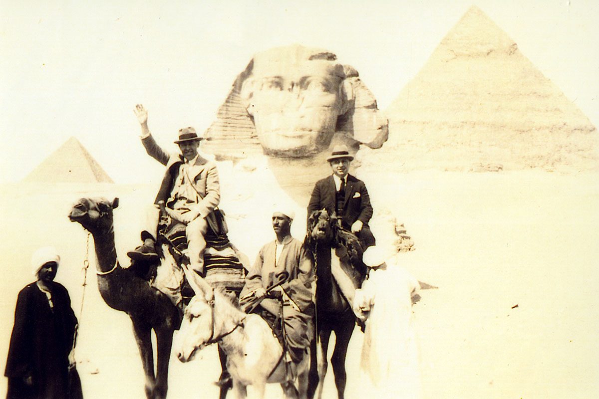 Max Steinkopf [BA/1902] – far right – visits the Great Sphinx of Giza in 1925 as part of a trip to the Middle East to celebrate the opening of the Hebrew University of Jerusalem. // U of M Archives