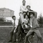 University students piled onto a bicycle. // PHOTO FROM UM DIGITAL COLLECTIONS - ARCHIVES & SPECIAL COLLECTIONS