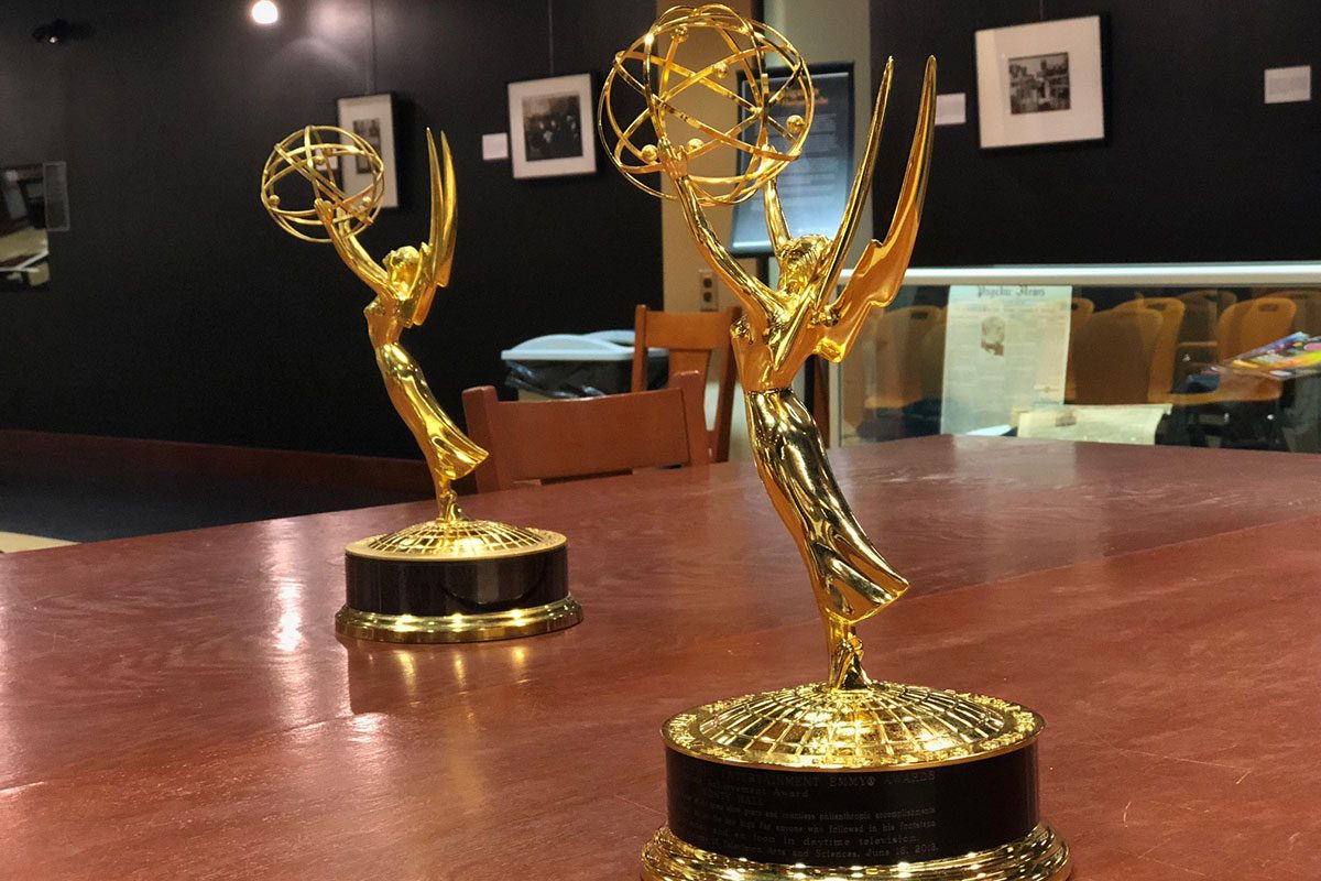 The Marilyn and Monty Hall Retrospective Exhibit features their Emmys.