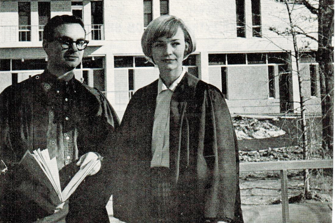 black and white image of man and woman standing outside university college in 1965 - from Ken Rubin