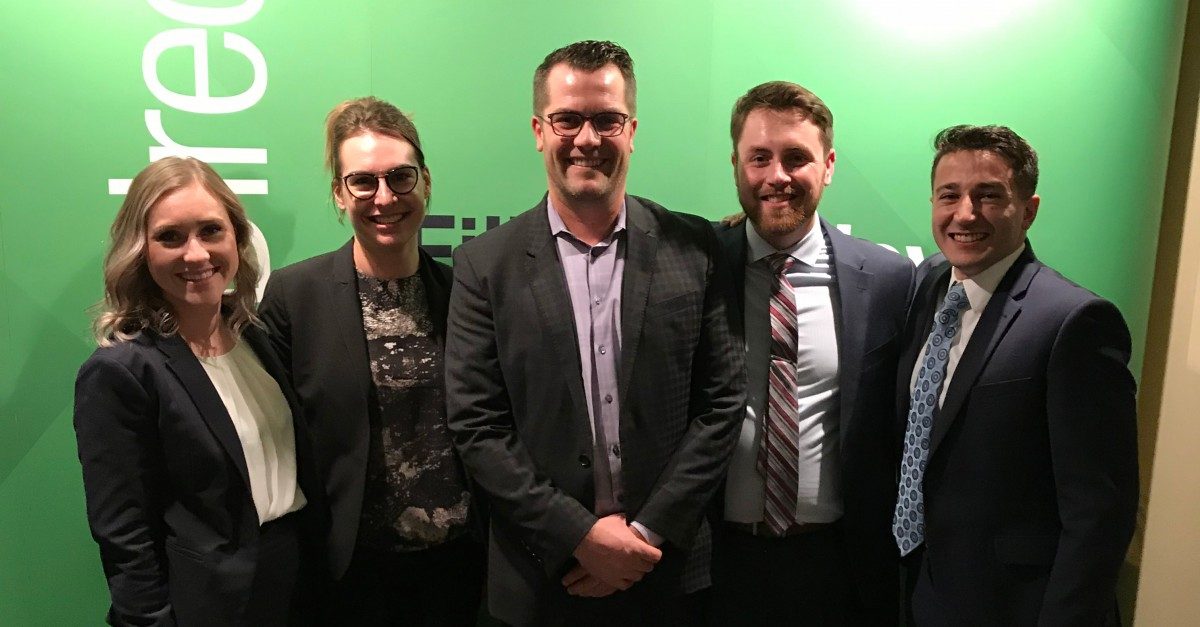 L - R: Runner-up team Chandra Oliver and Melanie Labossiere; Wes Burrows, Partner and Chair, Articling Student Recruitment Committee, Fillmore Riley LLP; and first-place team, Zachary Rodgers and Paolo Aquila.