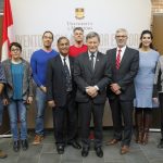 Terry Duguid, MP (Winnipeg South), flanked by Dr. Digvir Jayas (left) and Dr. Marc Fortin (VP of Research Partnerships at NSERC), with successful grant applicants
