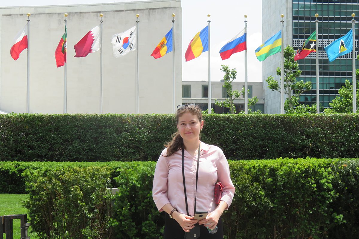 Maria Gheorghe outside the United Nations in New York City.