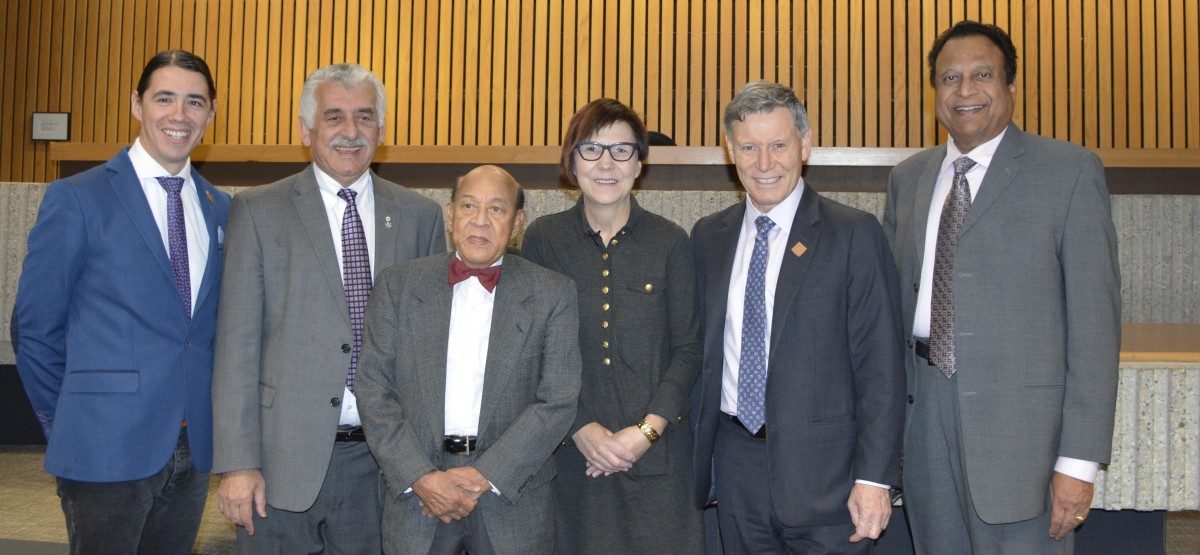 The Mahatma Gandhi Peace Award ceremony was held at Robson Hall on Thurs. Oct. 11, 2018. L-R: Dr. Robert Falcon Ouellette, M.P., Dr. Adbo El Tassi, Dr. K. Dakshinamurti, President, Gandhi Centre, Dr. Cindy Blackstock, Mr. Terry Duguid, M.P., Dr. Pawan Singal.