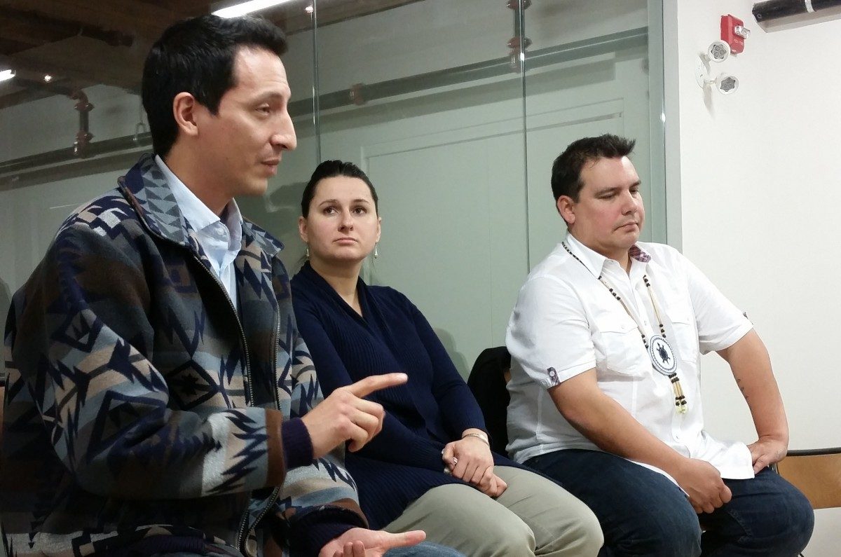 Speakers included Jordan Bighorn (left to right), Dorota Blumczynska, and Niigaan Sinclair.