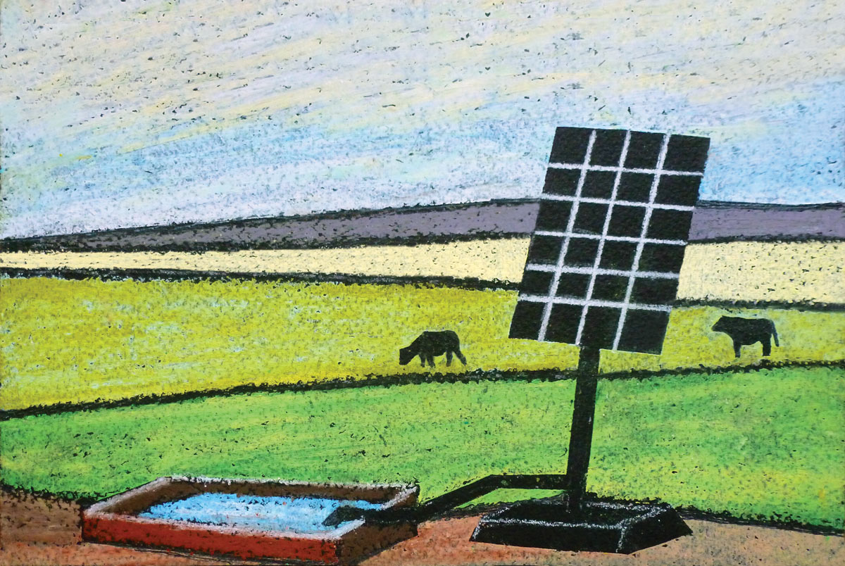 An illustration of a farmer's field with a solar panel in it.