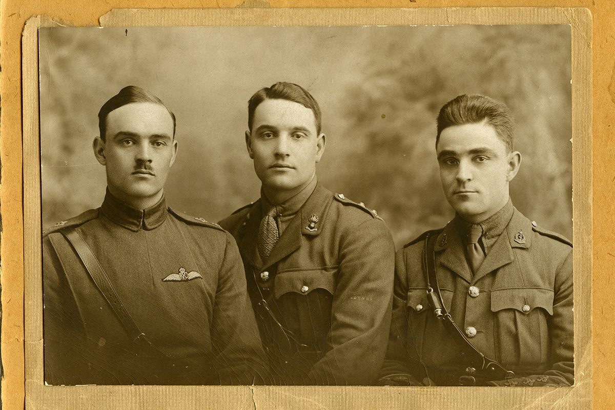 Frank Baragar (left) with his brothers Frederick [BA/1914] and Charles [BA/1910, MD/1914] in 1918. All three brothers enlisted and survived the First World War.