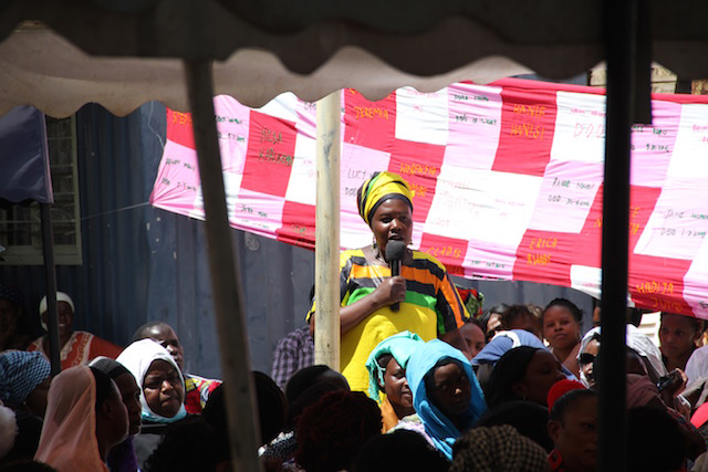 Peer leader speaks to the sex worker community at the annual Baraza (community meeting) in Nairobi, Kenya. // Image from Julie Lajoie