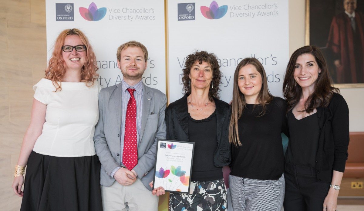 Robson Hall alumna Meghan Campbell [LLB/08] (far left) stands with University of Oxford colleagues (from left) Tom Lowenthal (Managing Editor, Oxford Human Rights Hub (OxHRH), DPhil Candidate Oxford University); Sandy Fredman (Director, OxHRH and Rhodes Professor of the Laws of British Commonwealth and the US); Helen Taylor (Research Director, OxHRH, DPhil Candidate Oxford University); Kira Allmann (Communications Director, OxHRH and Post-Doctoral Fellow at Oxford University)