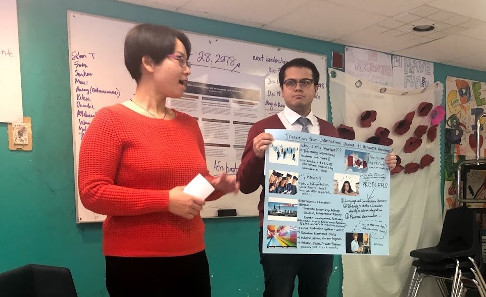 Students in the Immigration and Citizenship Law course, Amy Kam Ching Ng (2L) and Ihsan Daldaban (LLM), present their research back to the community that provided the topics. Photo by Shauna Labman.