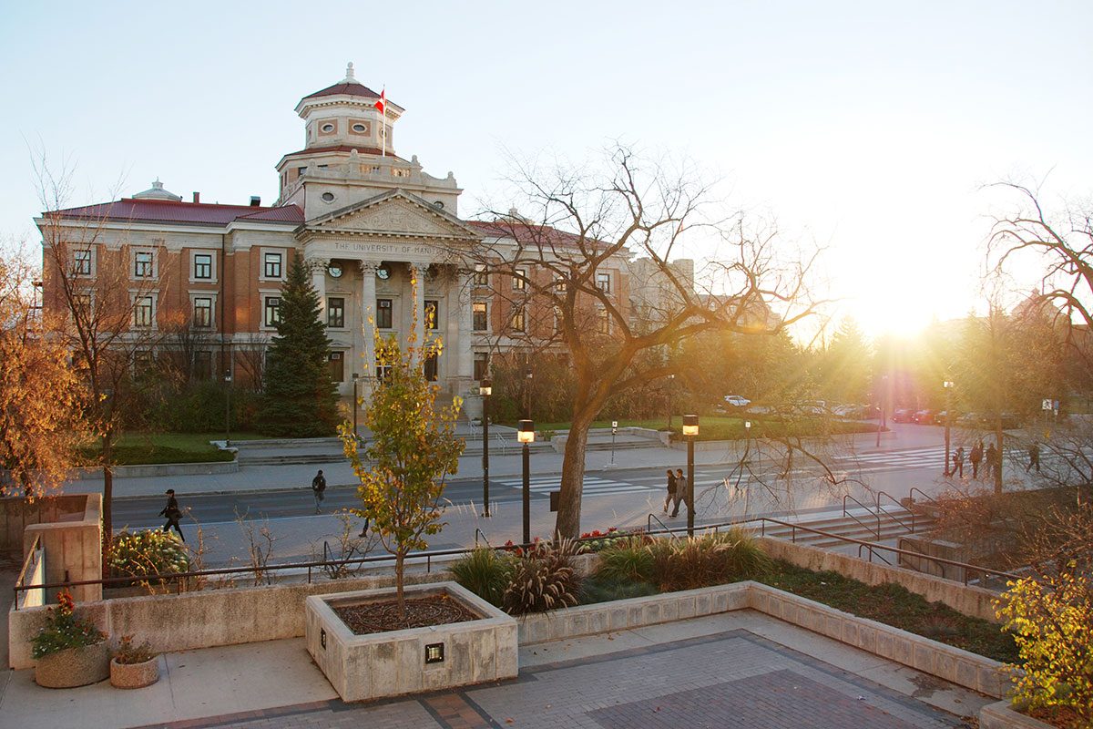 UM admin building and sunrise