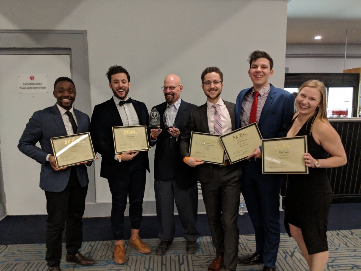 Left to right: Abel Nyamori, Jordan Delury, Howard Harmatz, Collin Drosdoski, Peirce Dickson and Paige Small at the Inter-Collegiate Business Case competition. // Photo provided by Abel Nyamori