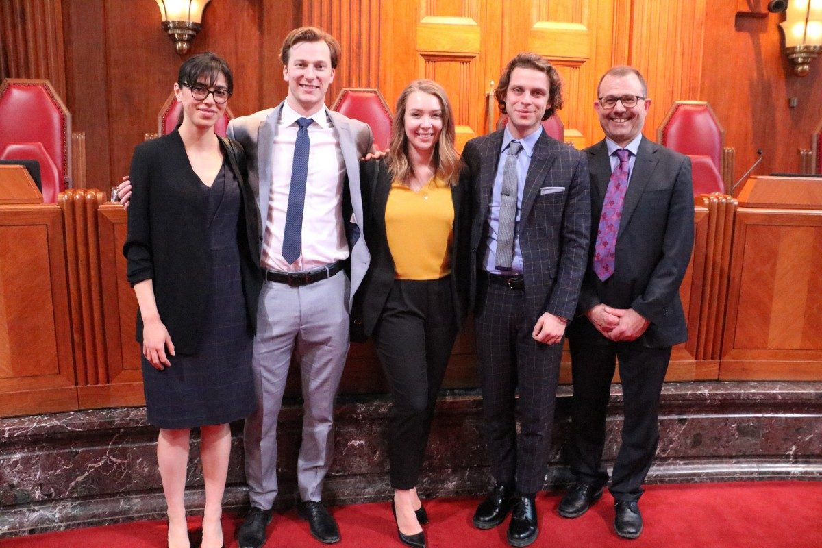 Robson Hall’s Bastarache Moot team members Sarah Khalil, Dillon Acheson, Danelle Rougeau-Suchy, Liam Valgardson, and team coach Richard Goulet were treated to a private visit to the Supreme Court of Canada by the Court’s Registrar, Roger Bilodeau.