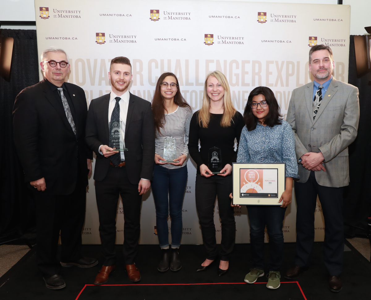 President David Barnard with winners of the 2019 3MT Competition, and Dr. Todd Mondor, Provost and Vice-President (Academic)