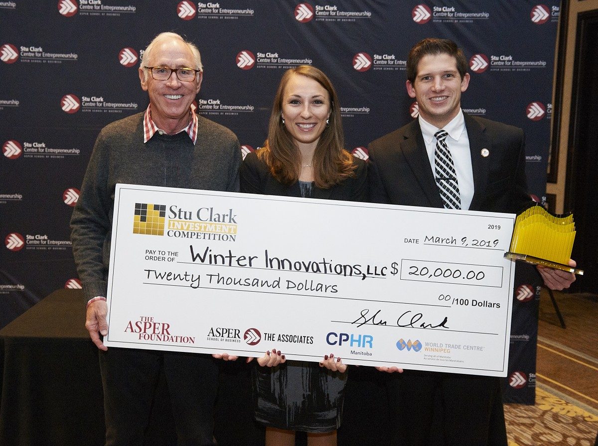 Left to right: Stu Clark (U of M alumnus, donor and competition namesake), Lia Winter (Founder and CEO of Winter Innovations) and Preston Dishner (Director of Operations, Winter Innovations)