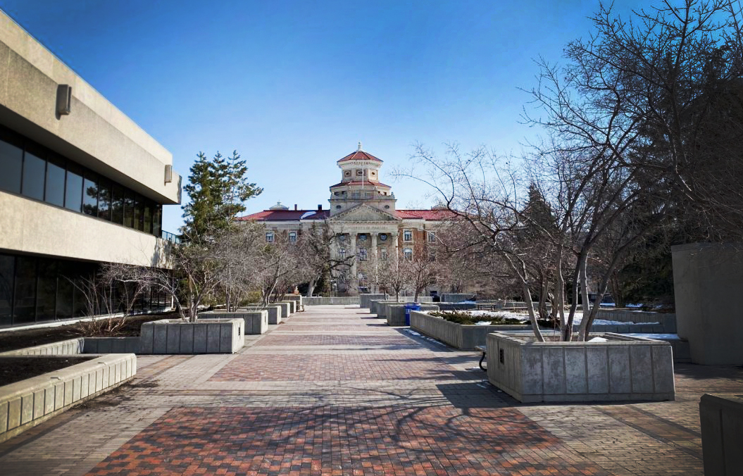 Next to UMSU University Centre, looking east towards UM Admin building on Fort Garry campus.