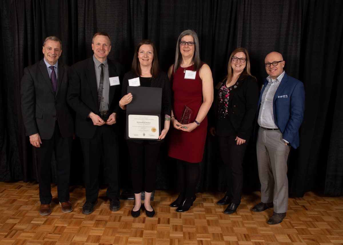 Tracy Schmidt (centre) chose her K-12 teacher Jeff Kula and her law professor Lorna Turnbull (on each side) as teachers that most made an impact on her education. Associate Dean (J.D. Program) Bruce Curran joins them on the Faculty of Law's behalf (far right).