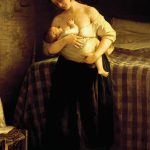 Infant, Painting by Cletofonte Preti (1843-1880), a mother nurses an infant in a classical painting