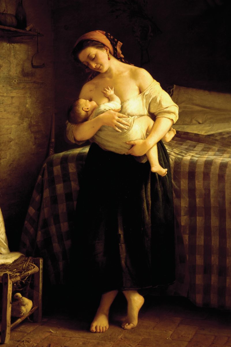 Infant, Painting by Cletofonte Preti (1843-1880), a mother nurses an infant in a classical painting