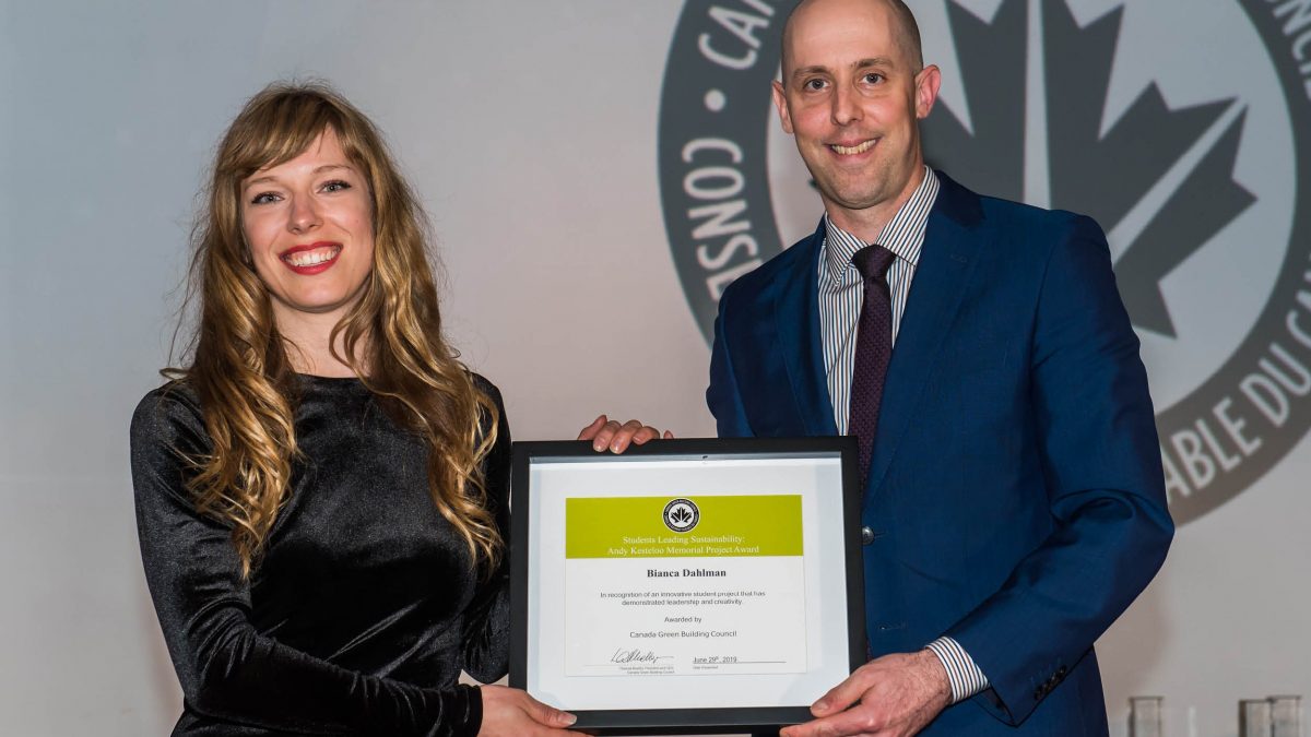 Bianca Dahlman is the 2019 winner of the Students Leading Sustainability: Andy Kesteloo Memorial Project Award, granted by the Canada Green Building Council (CaGBC).