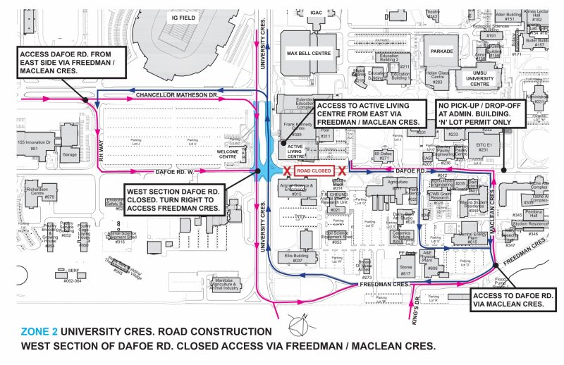 Map of Fort Garry campus road construction, Sept. 1, 2019
