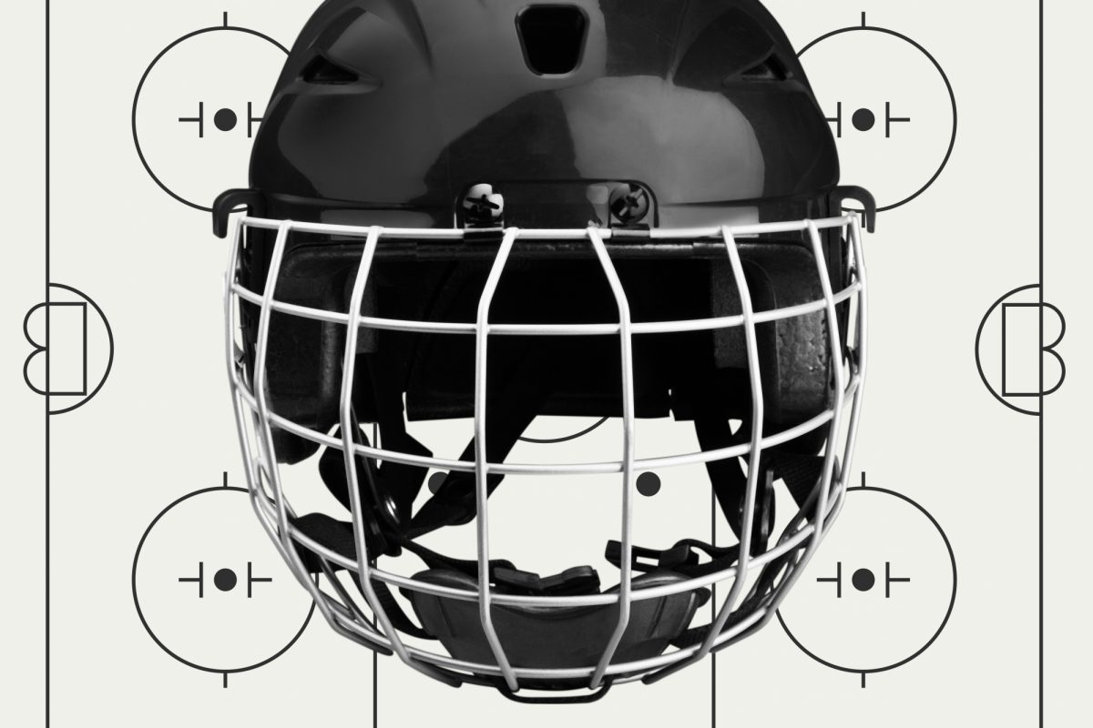 An image of a caged hockey helmet superimposed on a illustrated ice hockey rink