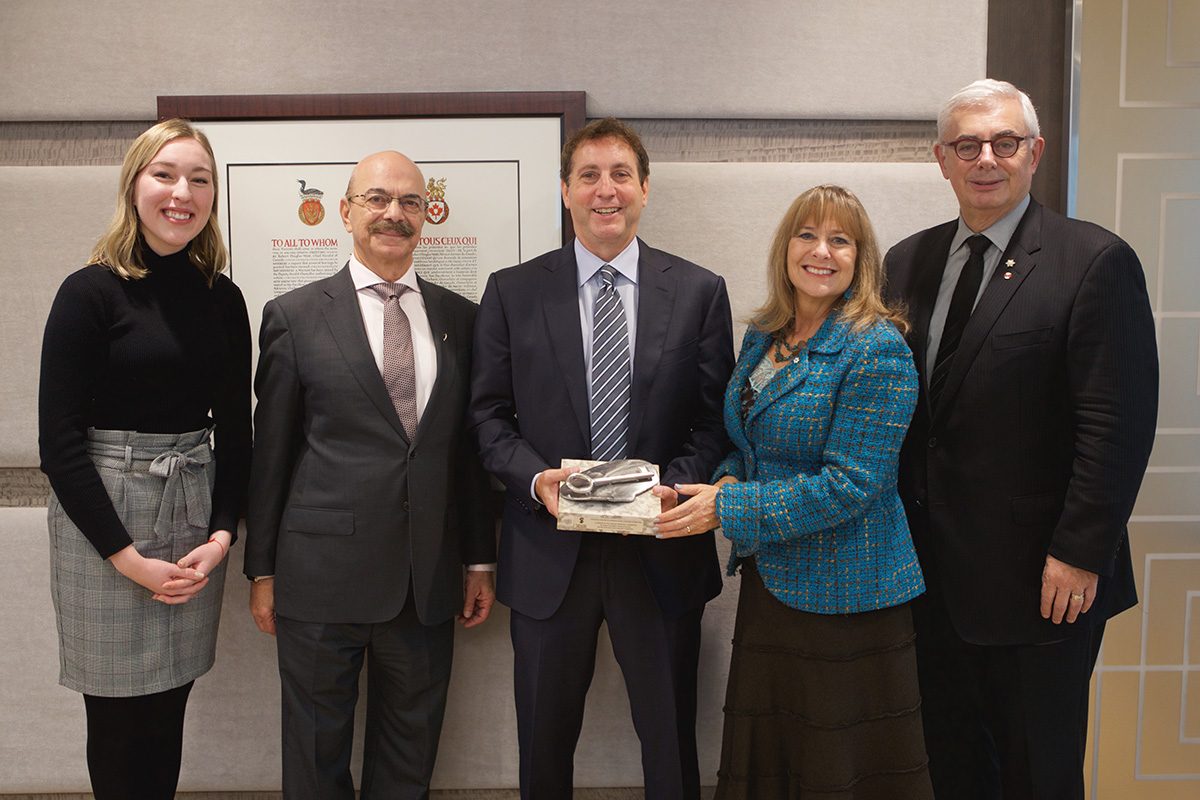 (L-R) Student Hilary Ransom, Asper Foundation’s Moe Levy, Leonard Asper, Gail Asper and UM President David Barnard.