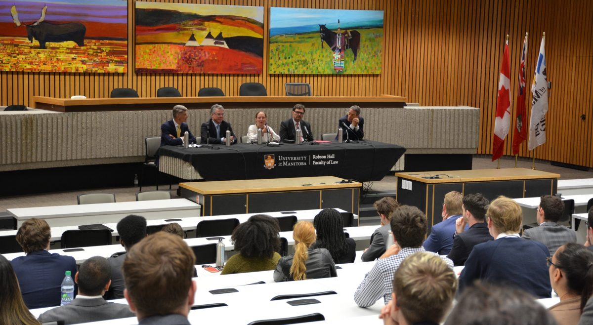 Judges of the Supreme Court of Canada engaged with University of Manitoba Law Student this fall during the Court's historic visit to Winnipeg. Left to Right: Dr. Jonathan Black-Branch, Dean of Law; the Hon. Richard J.F. Chartier, Chief Justice, Manitoba Court of Appeal; the Hon. Rosalie Silberman Abella; the Right Hon.Richard Wagner, P.C. Chief Justice of Canada; the Hon. Clément Gascon