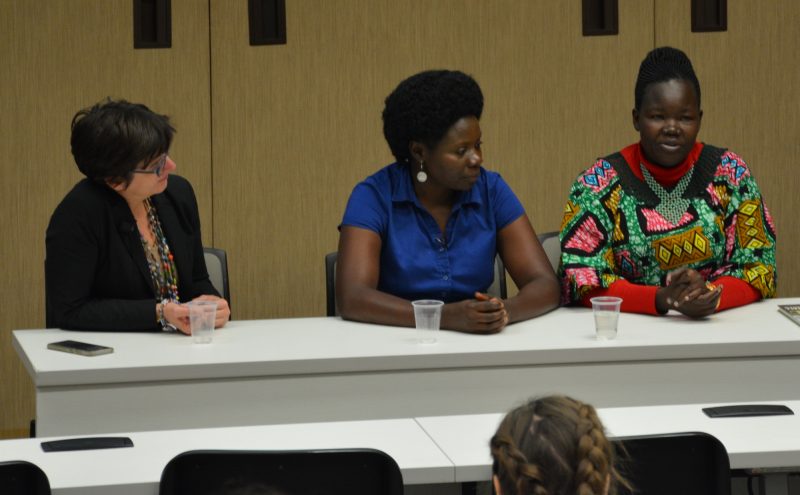 Left to right: Isabelle Masson, curator of the Canadian Museum for Human Rights; Grace Acan, and Evelyn Amony.