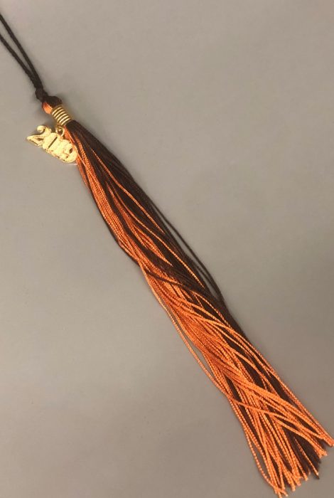 Brown and Gold tassel, with year of graduation.