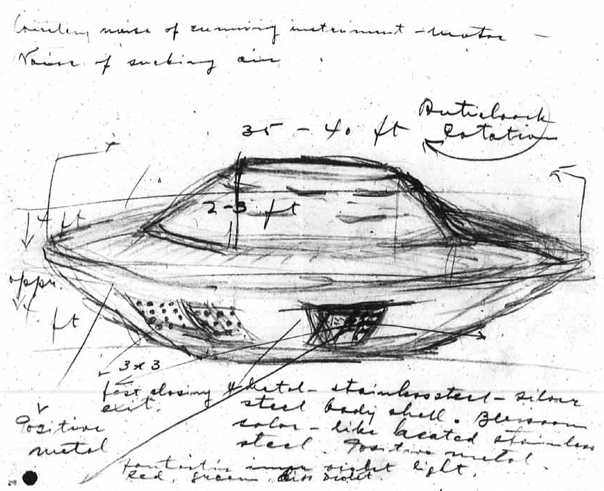 The sketch drawn by Stefan Michalak of the UFO that he encountered near Falcon Lake in 1967