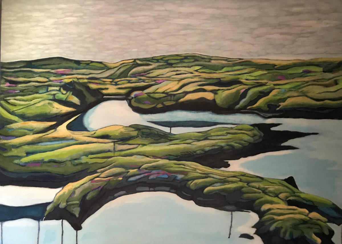 A painting of Iceland's green landscape caught in eerie light