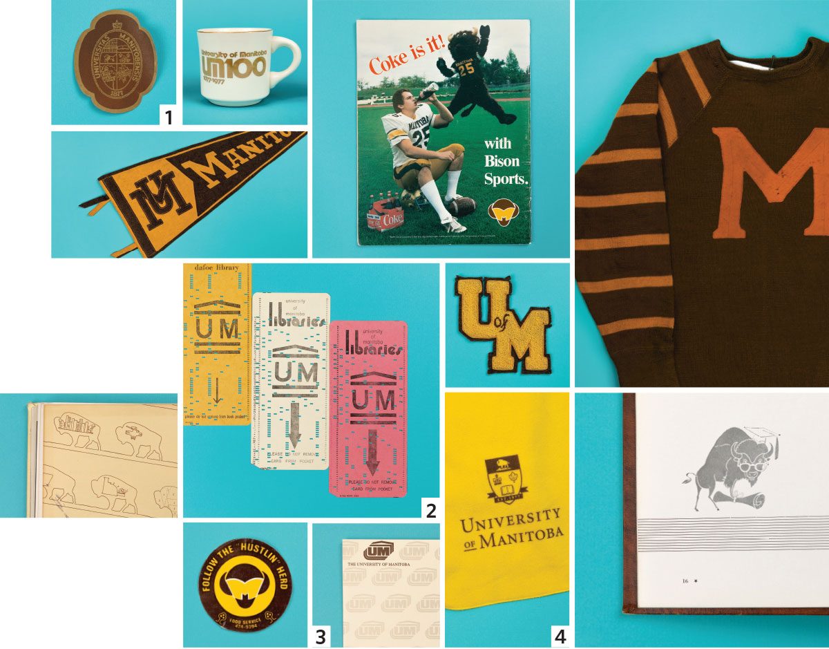 A collage of items showing the UM logo and branding as it has appeared throughout the university's history.